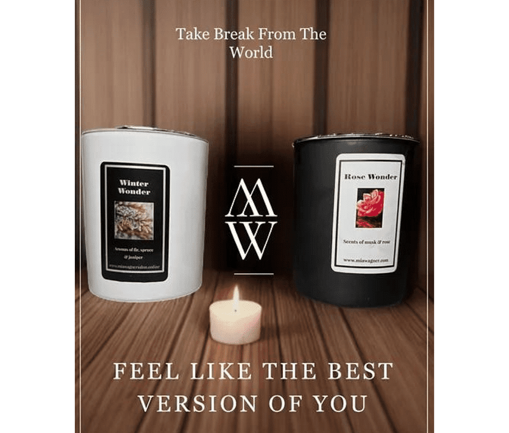 Two scented candles and a lit tealight on a wooden surface with text overlay.