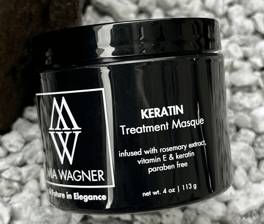 Jar of Keratin Treatment Masque with rosemary and vitamins.